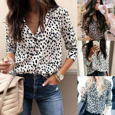XIRUILANG Women Leopard V Neck Long Sleeve Tops Casual Loose Pullover T-Shirt Blouses Khaki XXL 